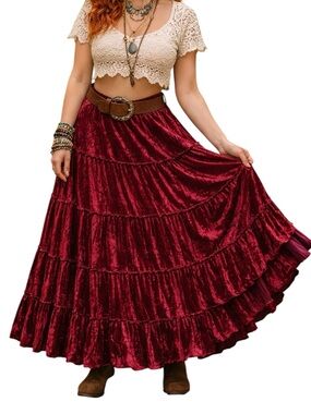 Bianca Nygard Burgundy Boho Chic Crushed Velvet Tiered Maxi Skirt Medium Large